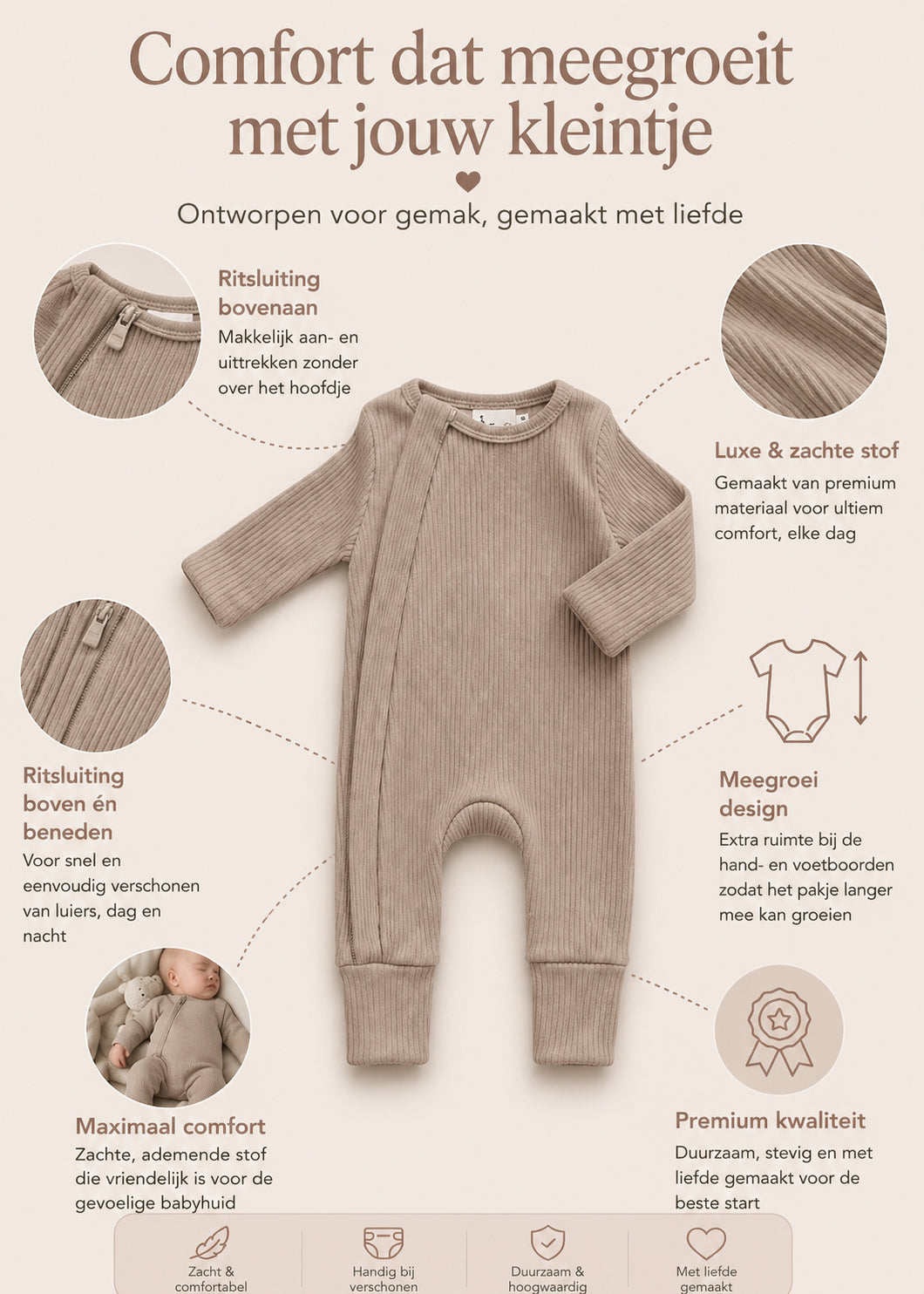 LUXURY NEWBORN GROW WITH ME ONESIE – TAUPE