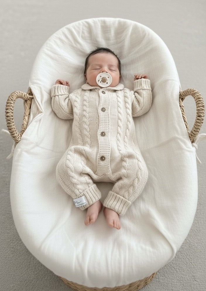 Der gestrickte Baby-Strampler von Kyn – Beige